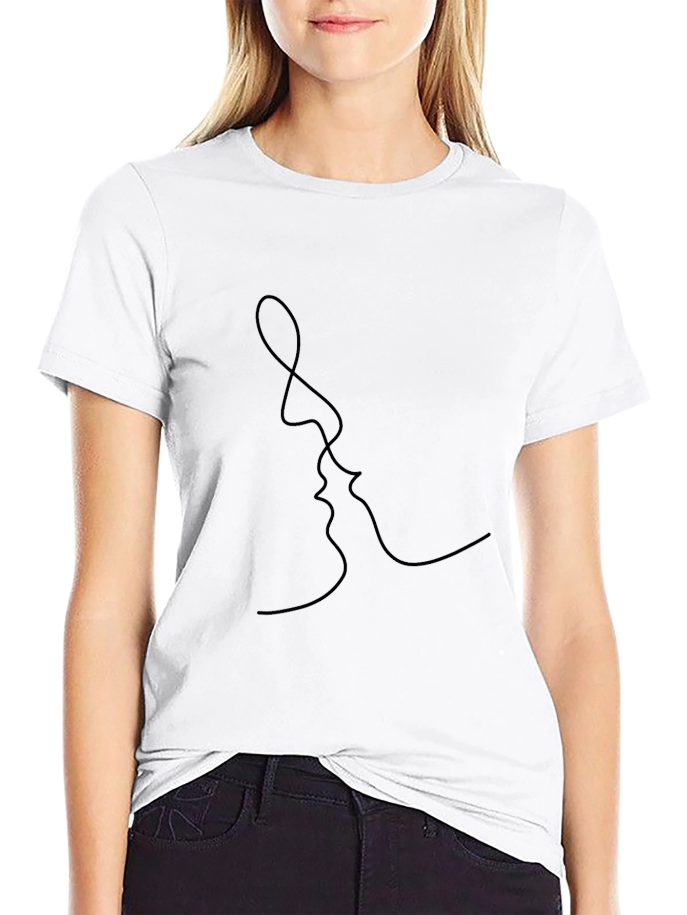 Minimalist Kissing Faces Graphic Black T-Shirt