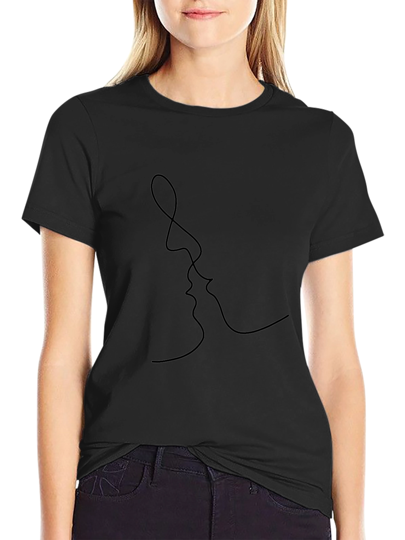 Minimalist Kissing Faces Graphic Black T-Shirt