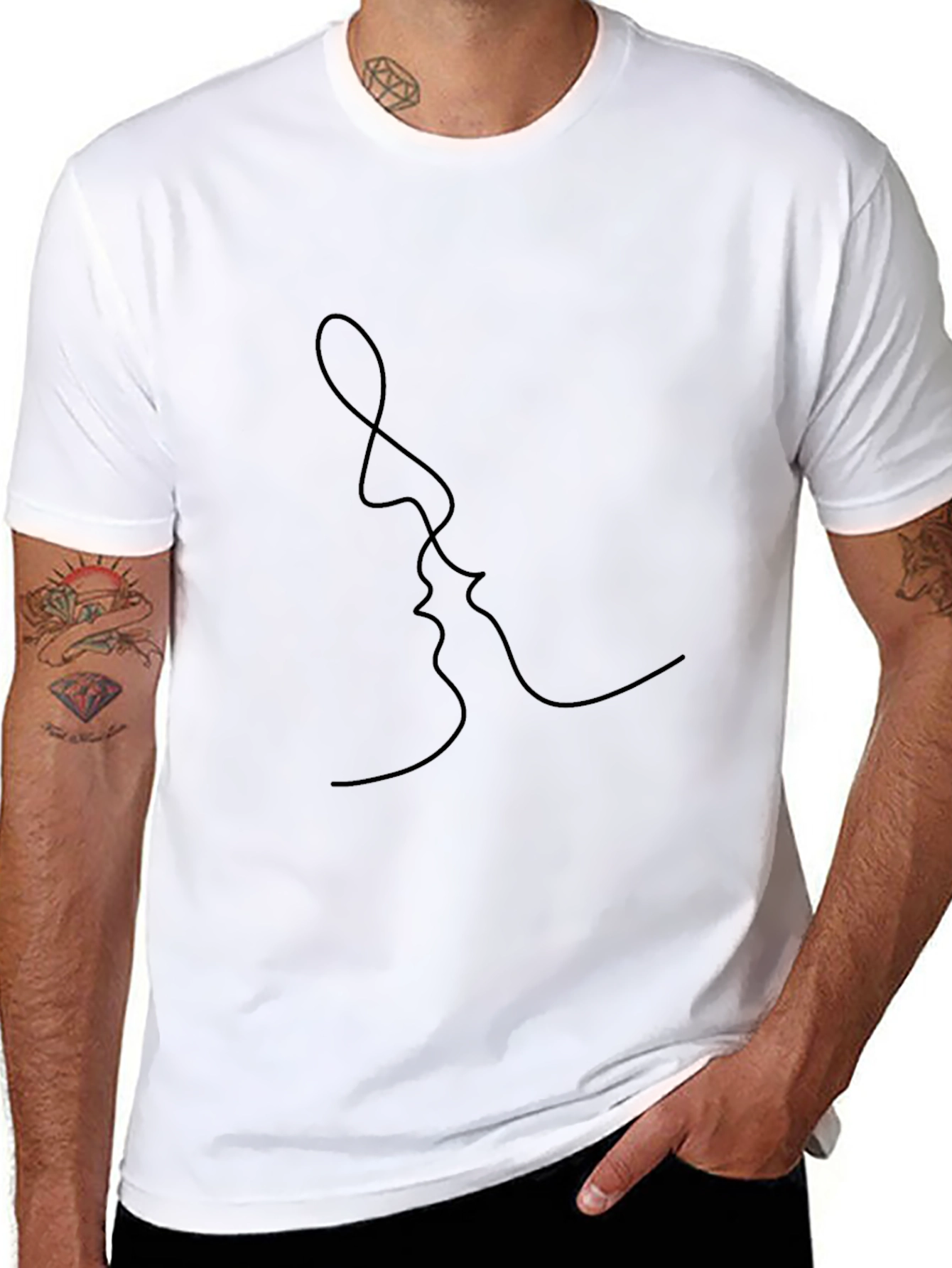 Minimalist Kissing Faces Graphic Black T-Shirt