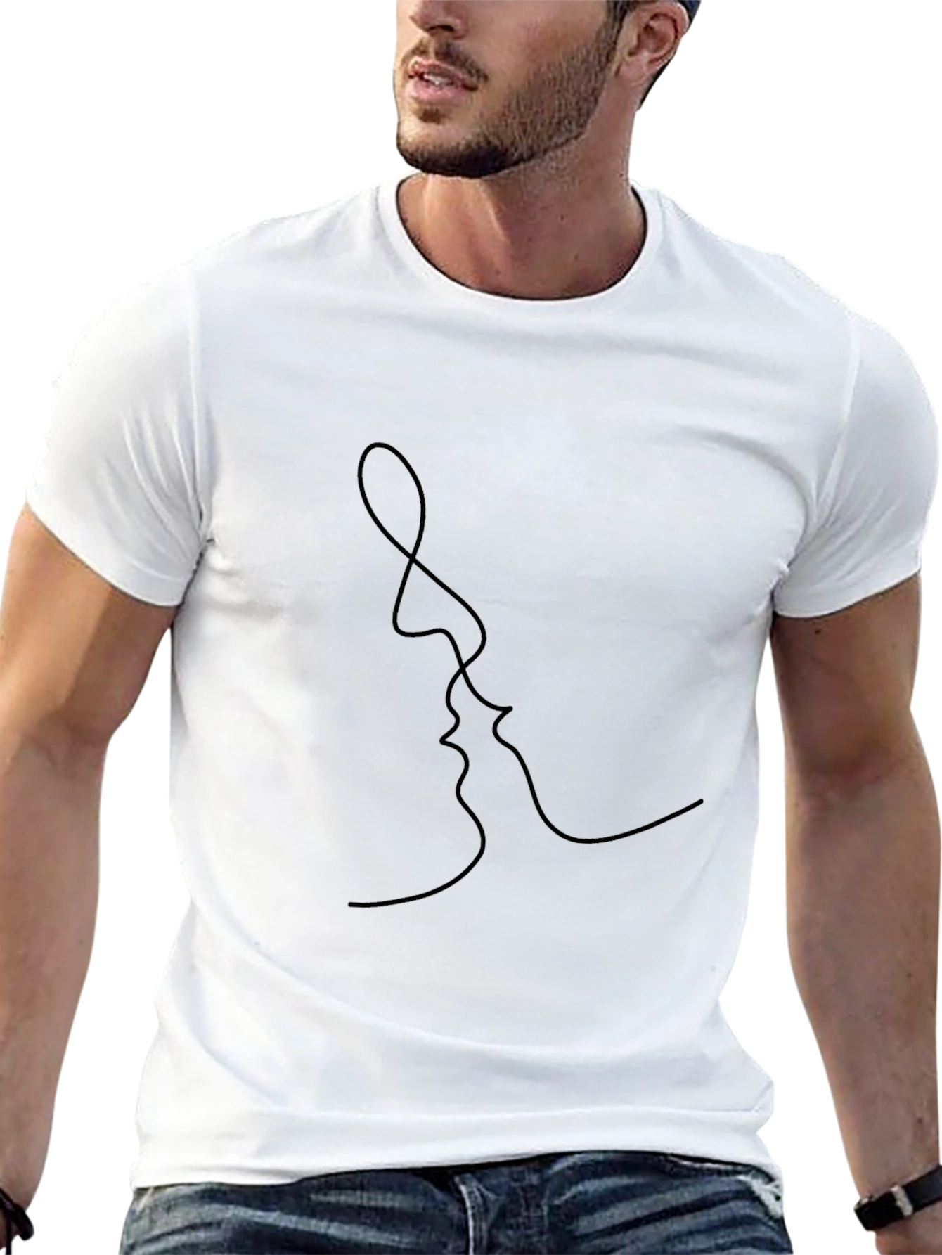 Minimalist Kissing Faces Graphic Black T-Shirt