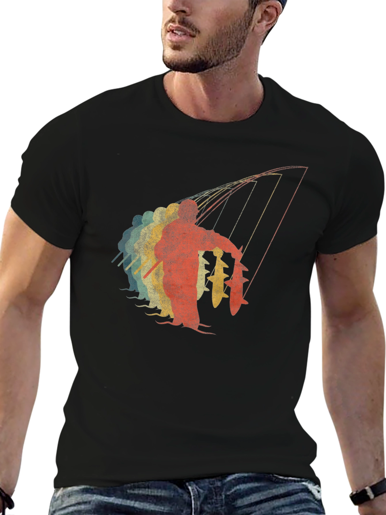 Retro Fisherman Graphic Tee - Black Cotton T-Shirt