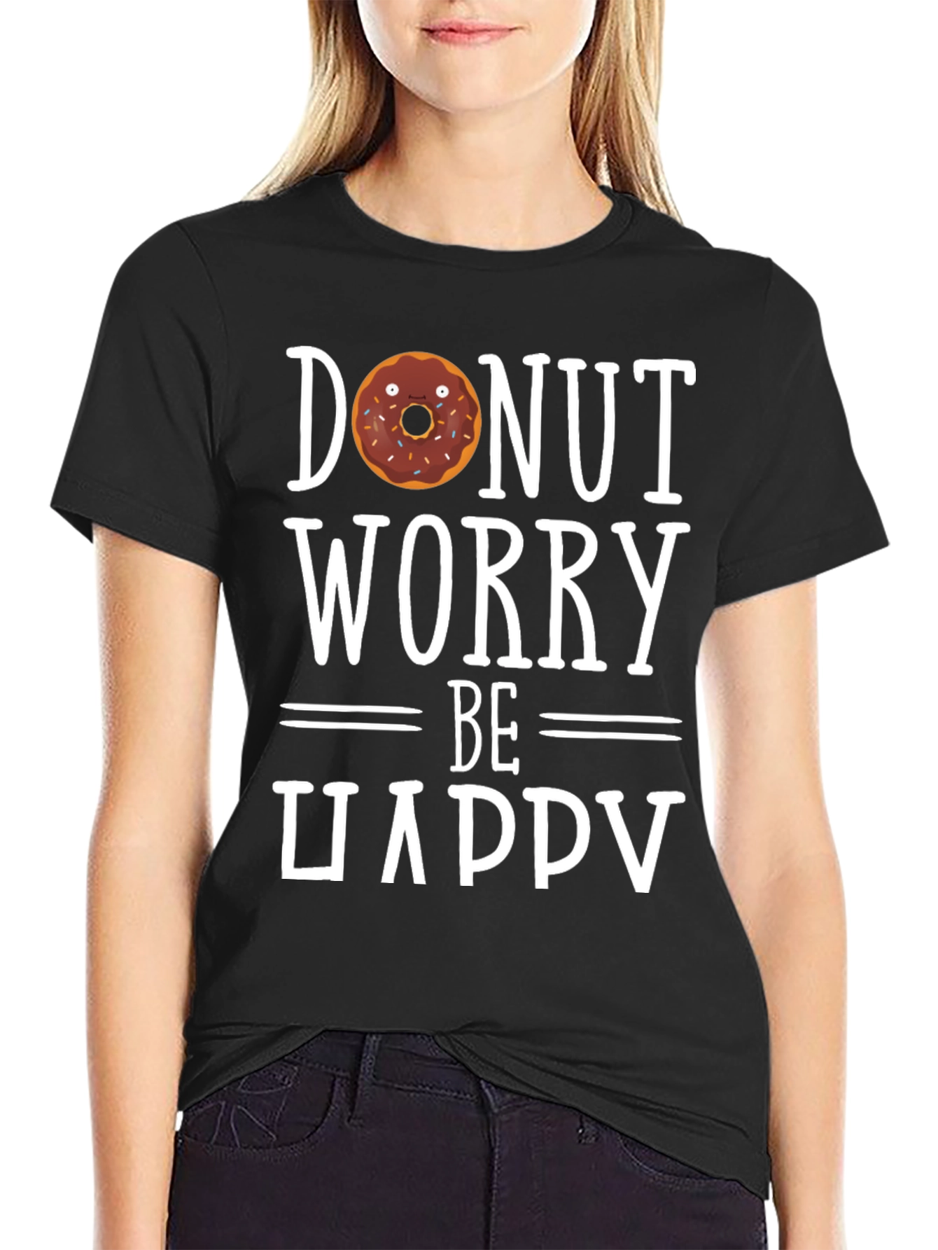 Donut Worry Be Happy Black T-Shirt