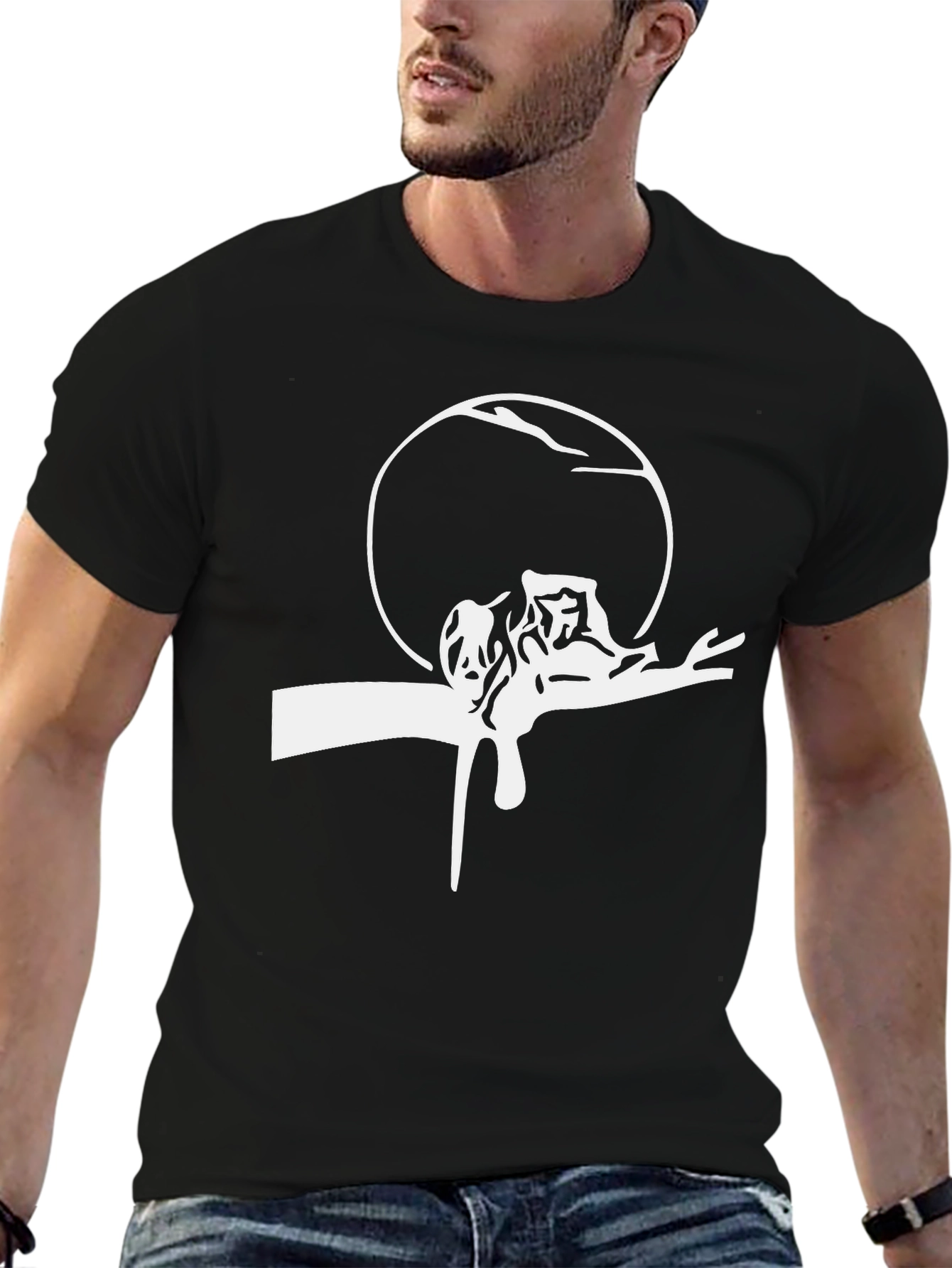 Mens Black Tee with White Surrealist Graphic