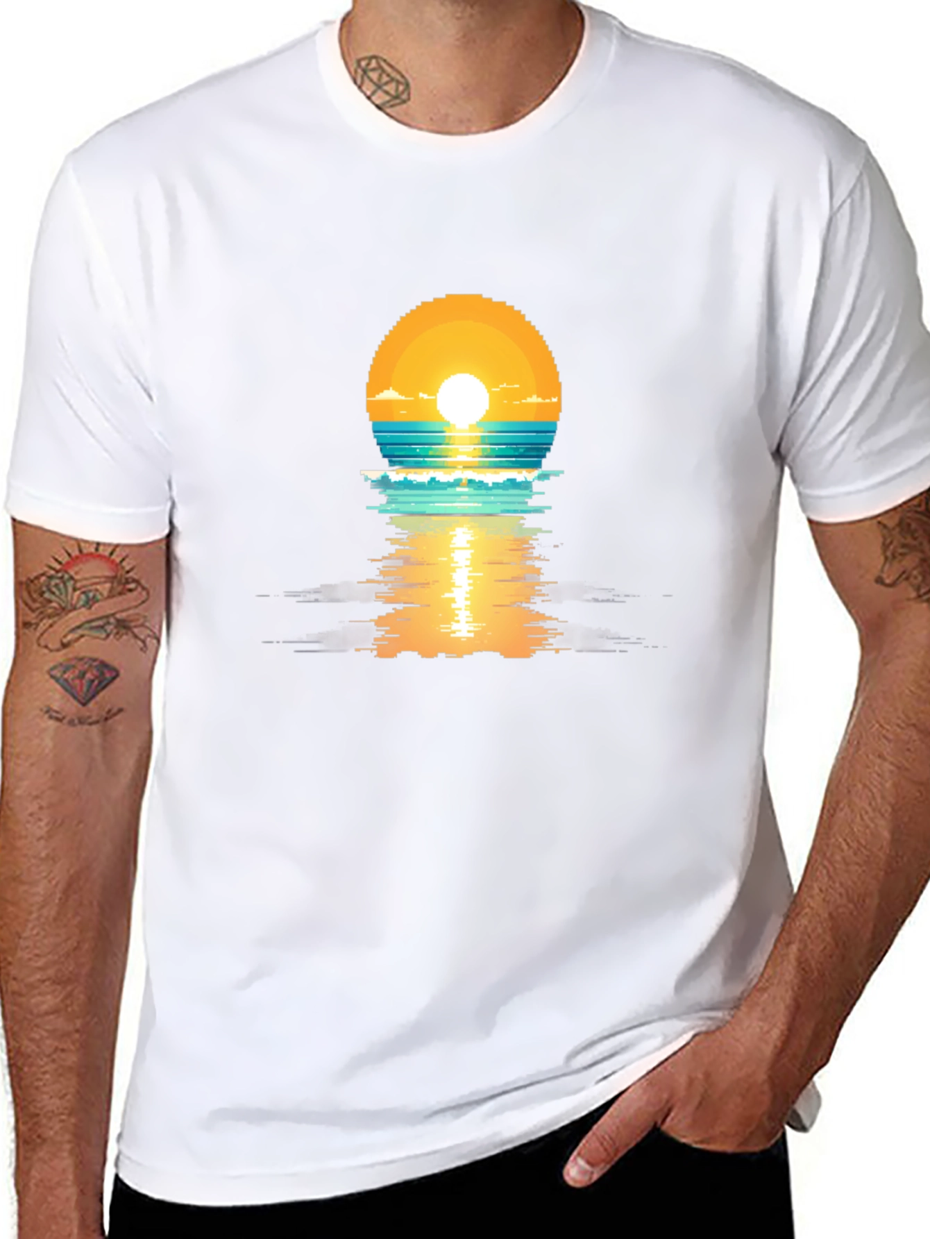 Pixel Sunset Graphic Tee - Black Cotton T-Shirt