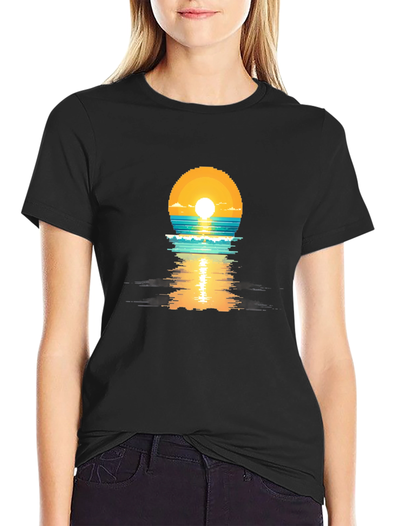 Pixel Sunset Graphic Tee - Black Cotton T-Shirt
