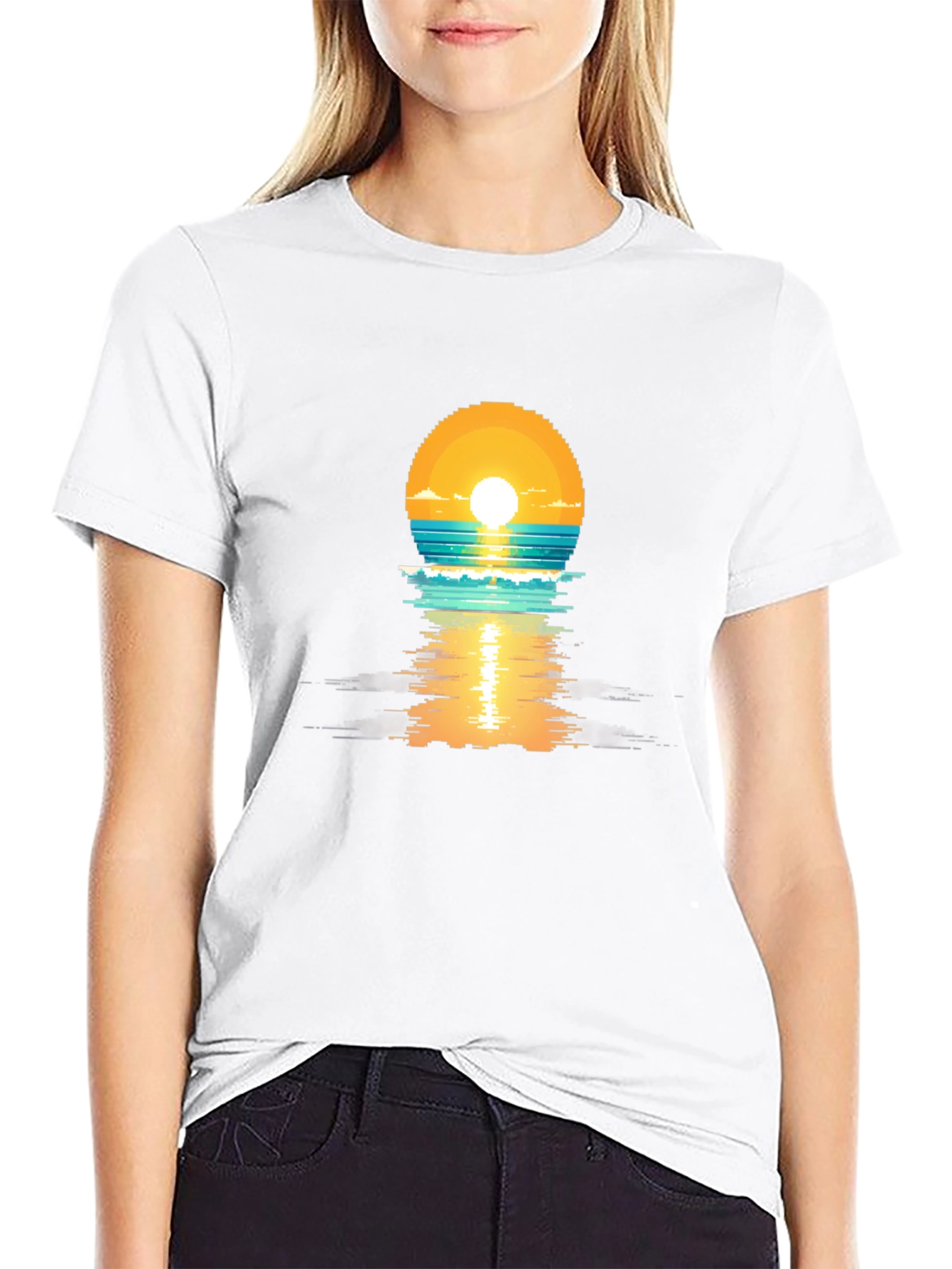 Pixel Sunset Graphic Tee - Black Cotton T-Shirt