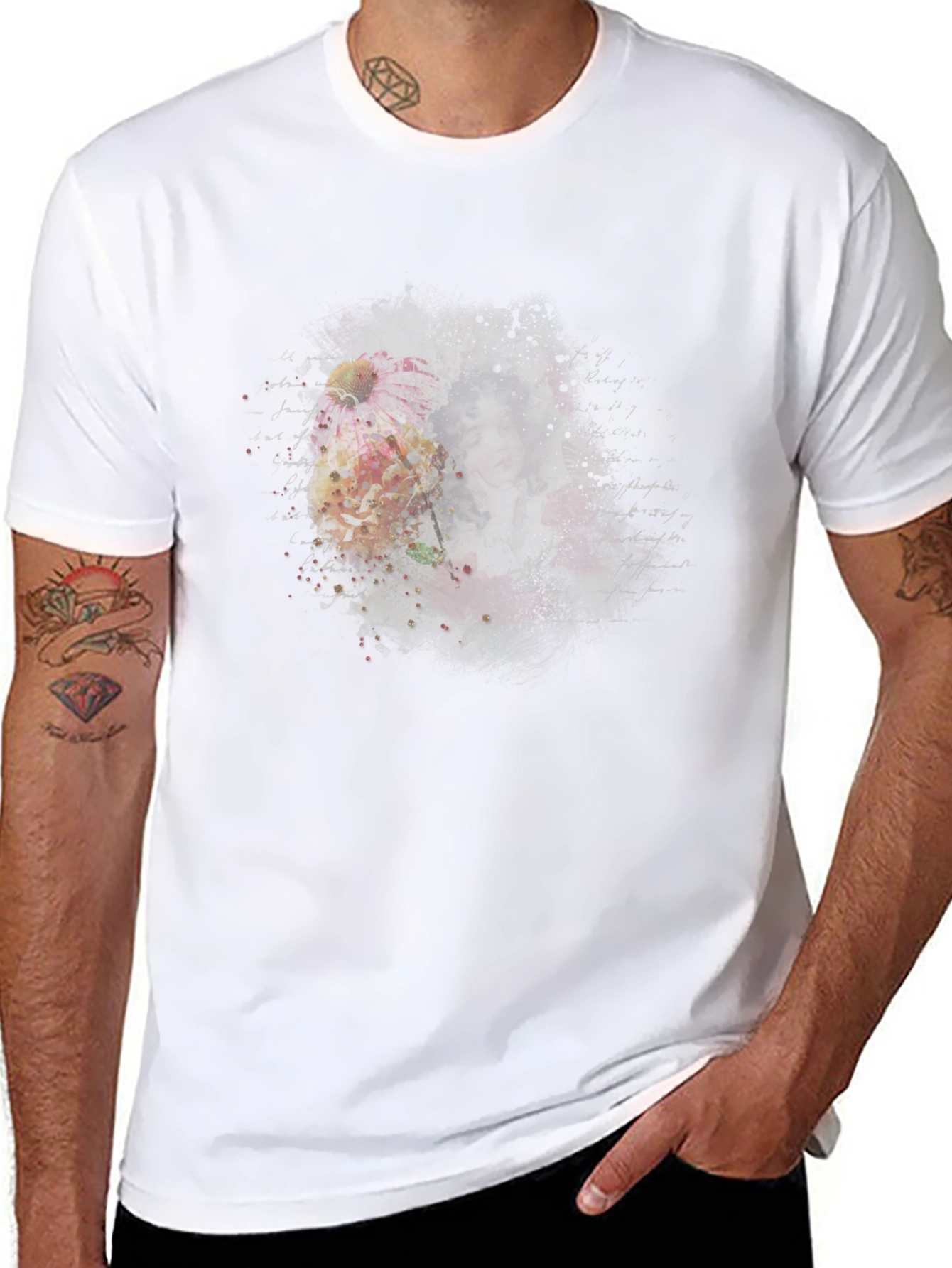 Floral Portrait Mens Black T-Shirt