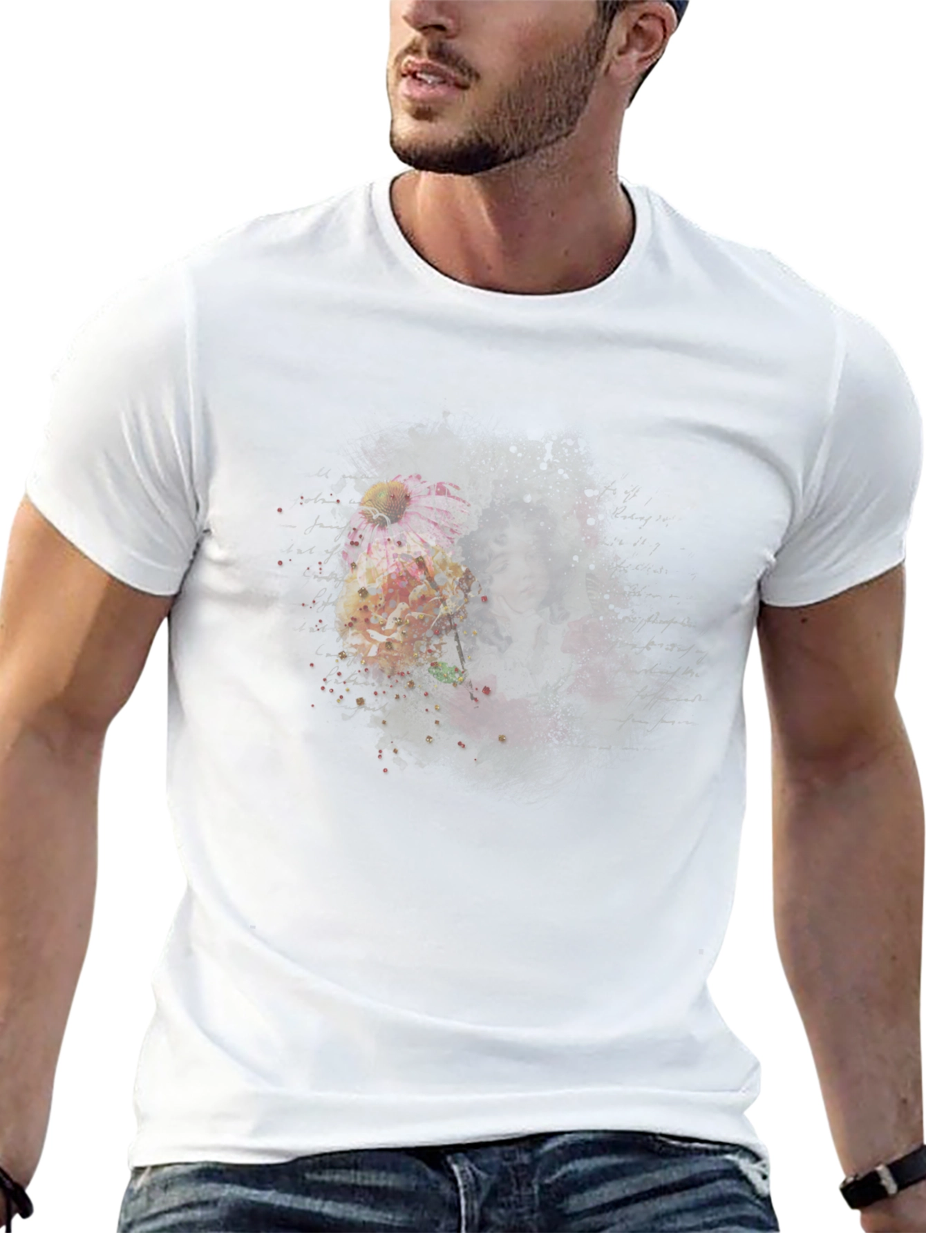 Floral Portrait Mens Black T-Shirt