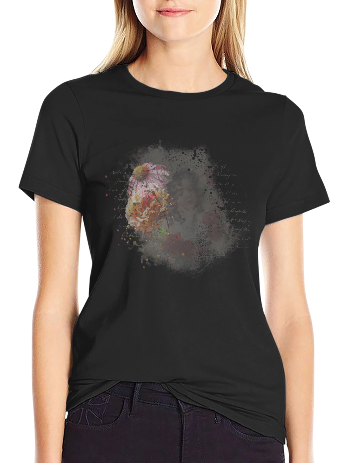 Floral Portrait Mens Black T-Shirt