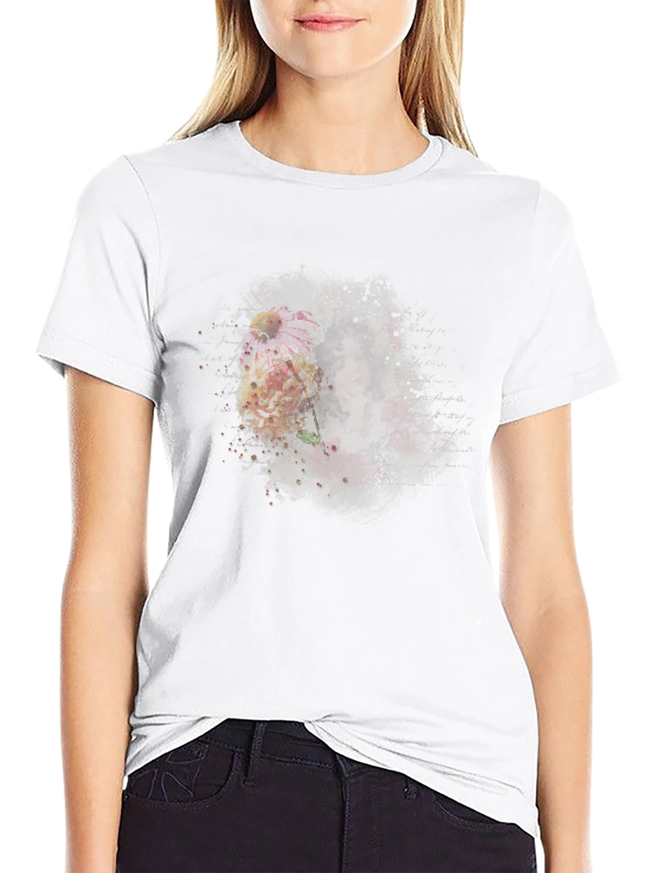 Floral Portrait Mens Black T-Shirt