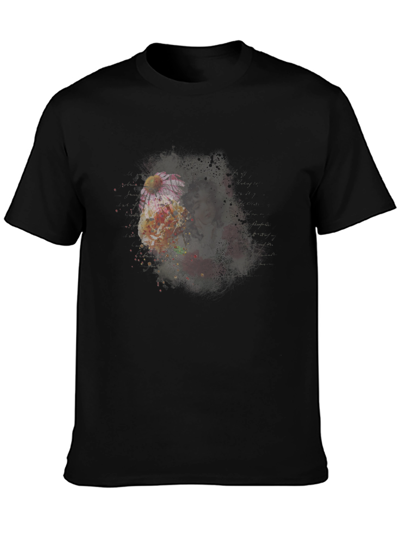 Floral Portrait Mens Black T-Shirt