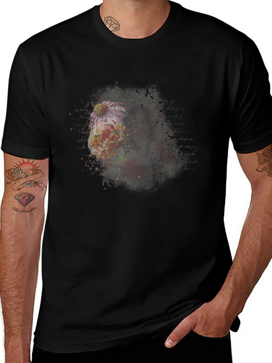 Floral Portrait Mens Black T-Shirt