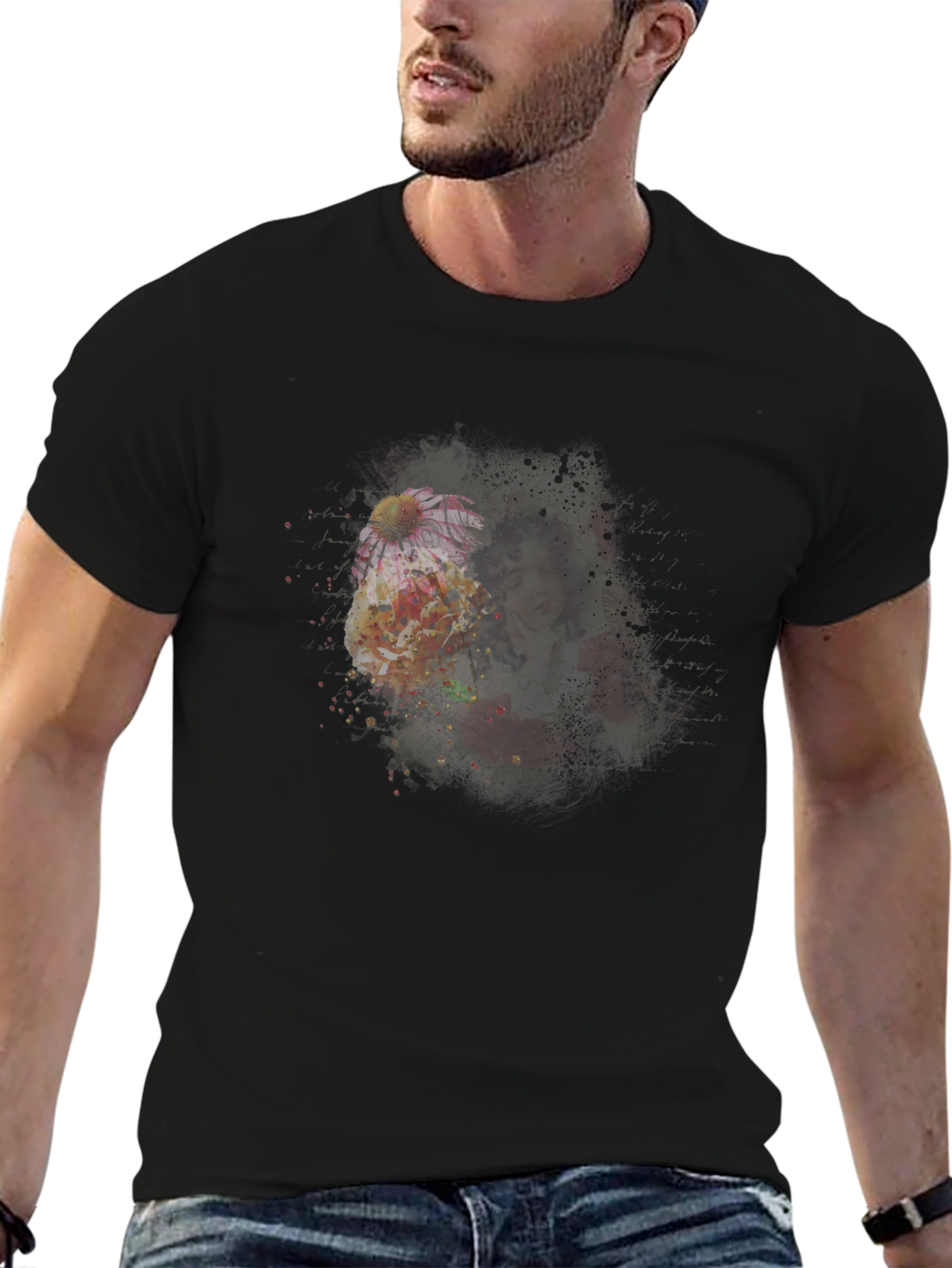 Floral Portrait Mens Black T-Shirt