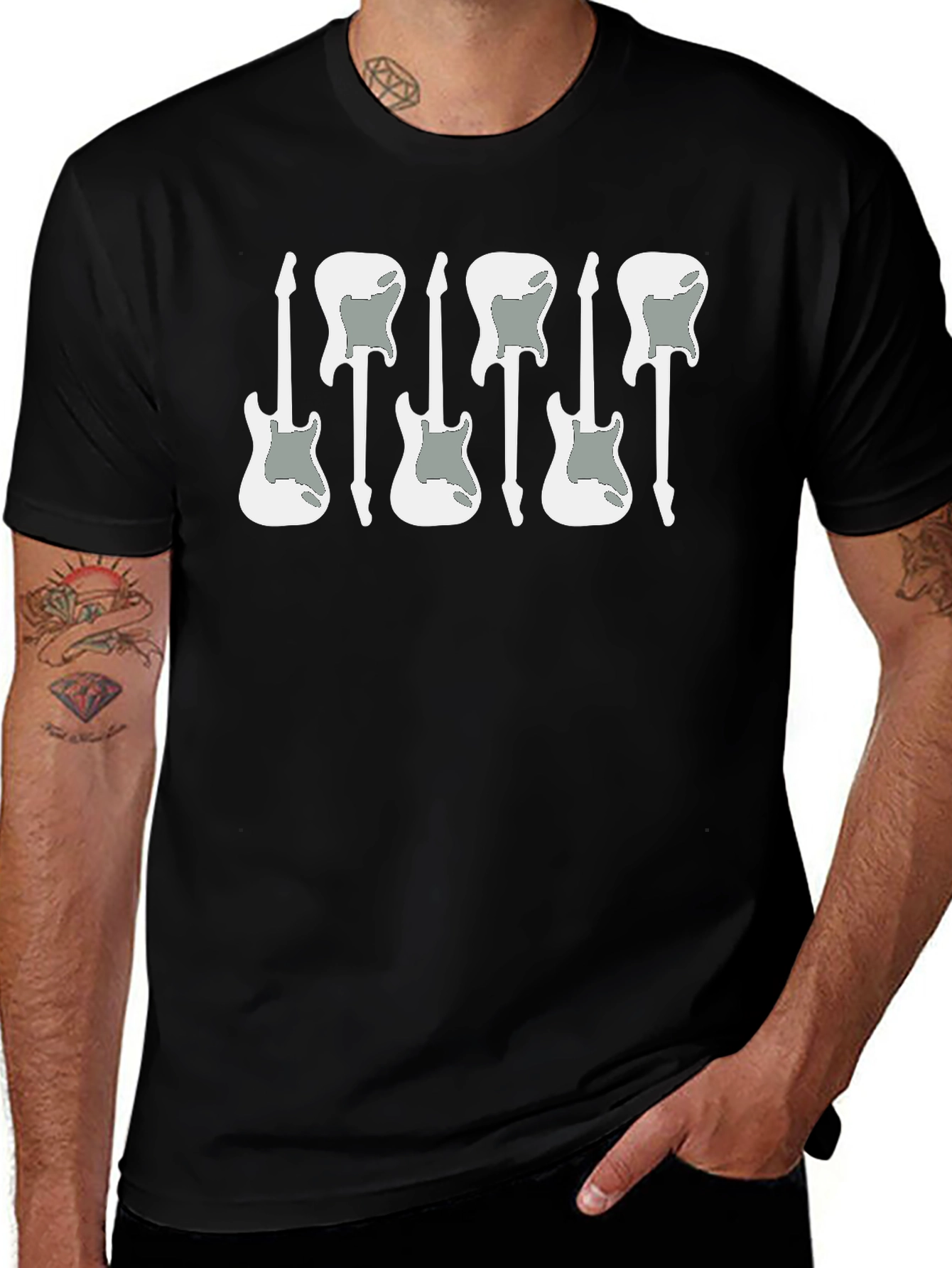 Guitar Graphic T-Shirt - Black Cotton Blend Music Tee