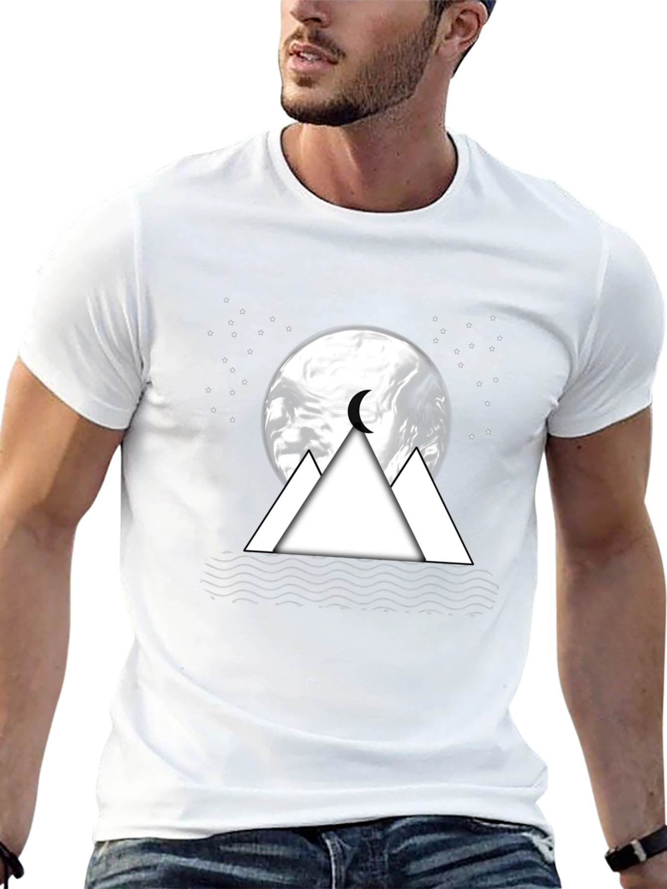 Mens Black T-Shirt with Moon & Mountain Graphic