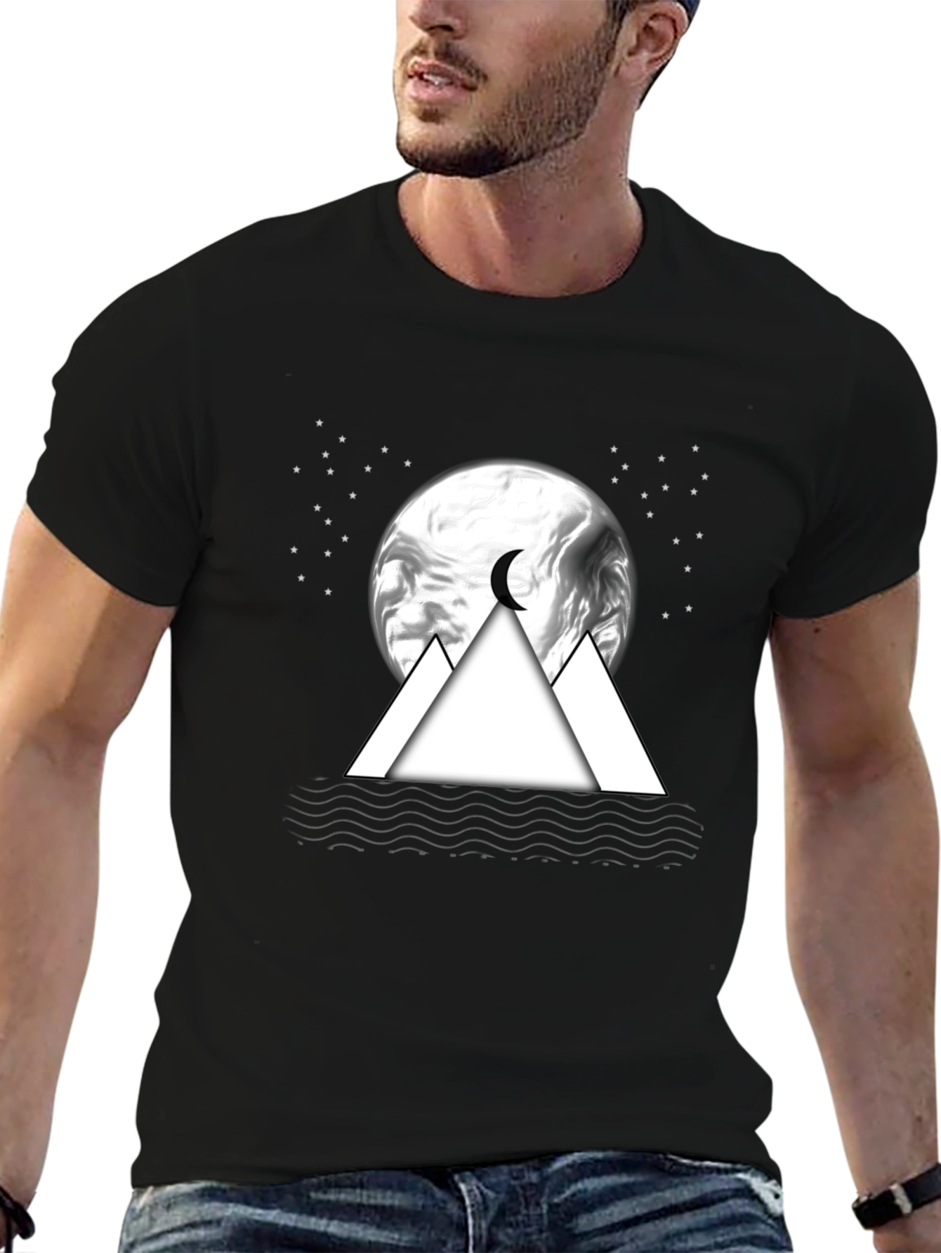 Mens Black T-Shirt with Moon & Mountain Graphic