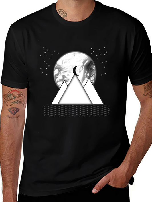 Mens Black T-Shirt with Moon & Mountain Graphic