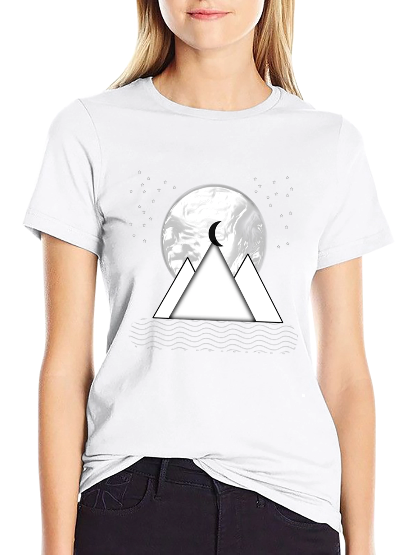 Mens Black T-Shirt with Moon & Mountain Graphic