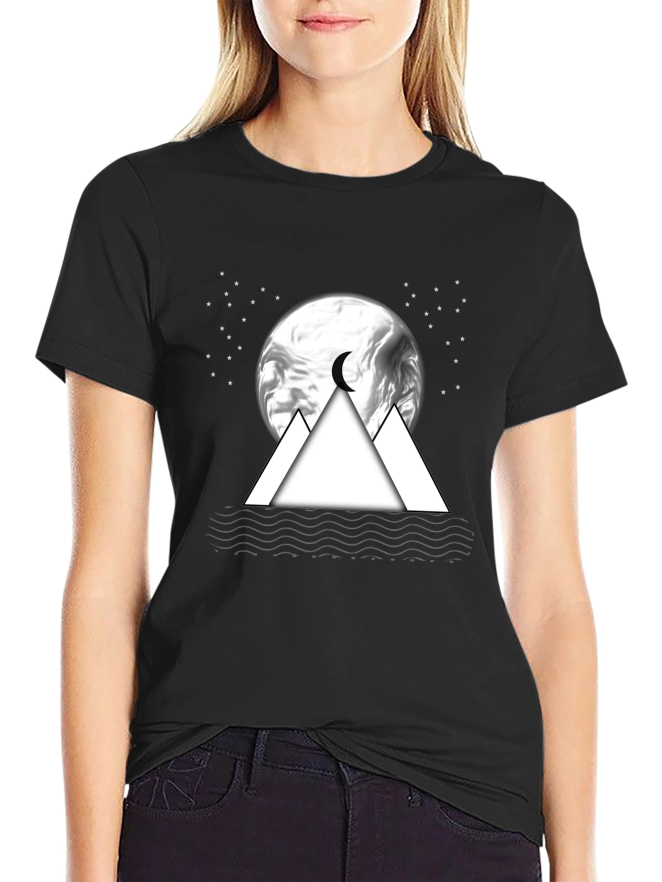 Mens Black T-Shirt with Moon & Mountain Graphic