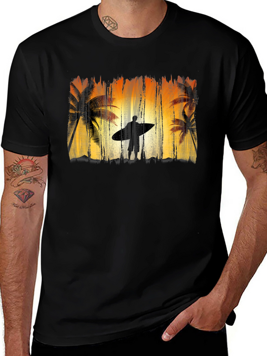 Surfer Silhouette Graphic Tee - Black Cotton T-Shirt