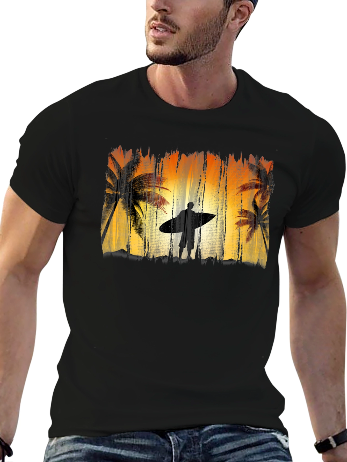 Surfer Silhouette Graphic Tee - Black Cotton T-Shirt