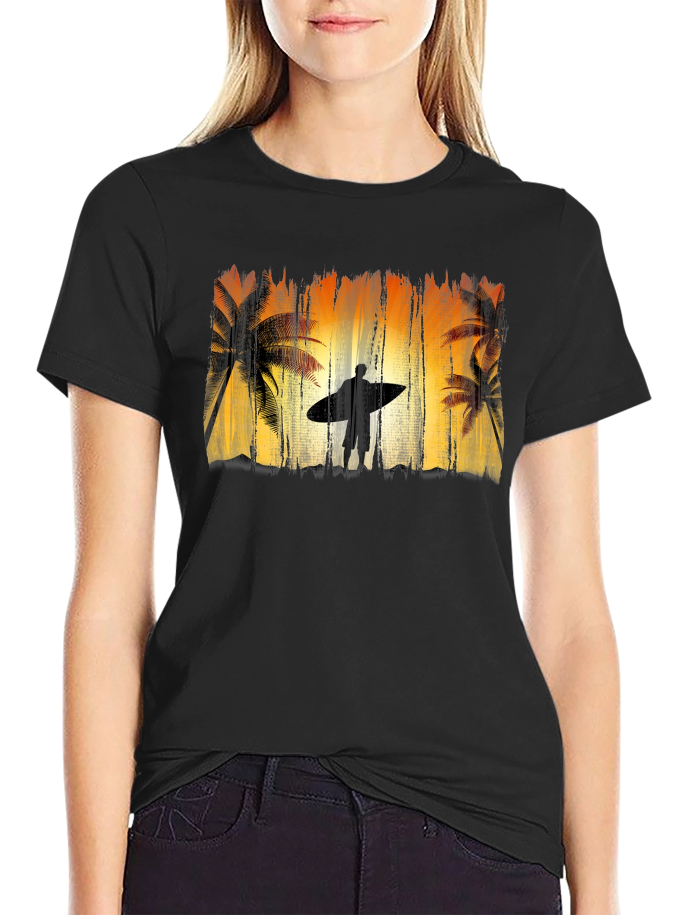 Surfer Silhouette Graphic Tee - Black Cotton T-Shirt