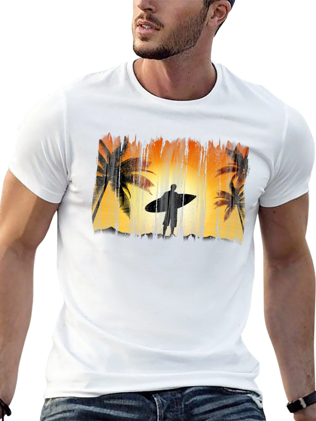 Surfer Silhouette Graphic Tee - Black Cotton T-Shirt