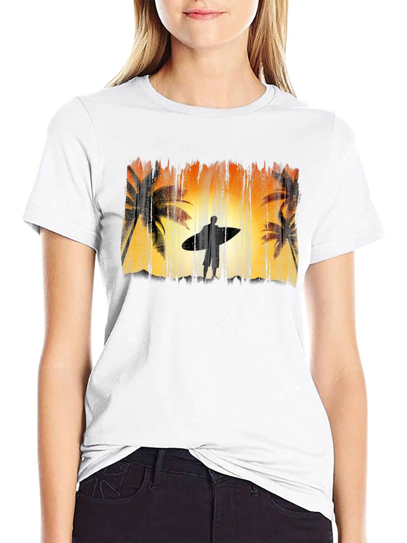 Surfer Silhouette Graphic Tee - Black Cotton T-Shirt
