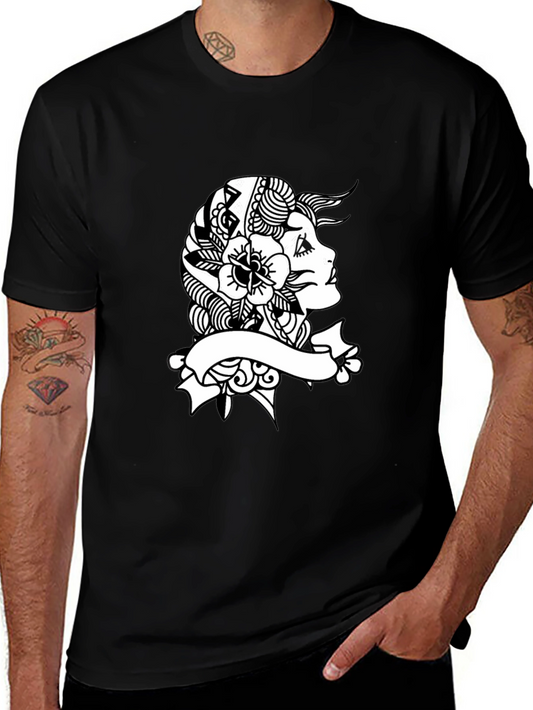 Black Tee with Vintage Tattoo Girl Graphic