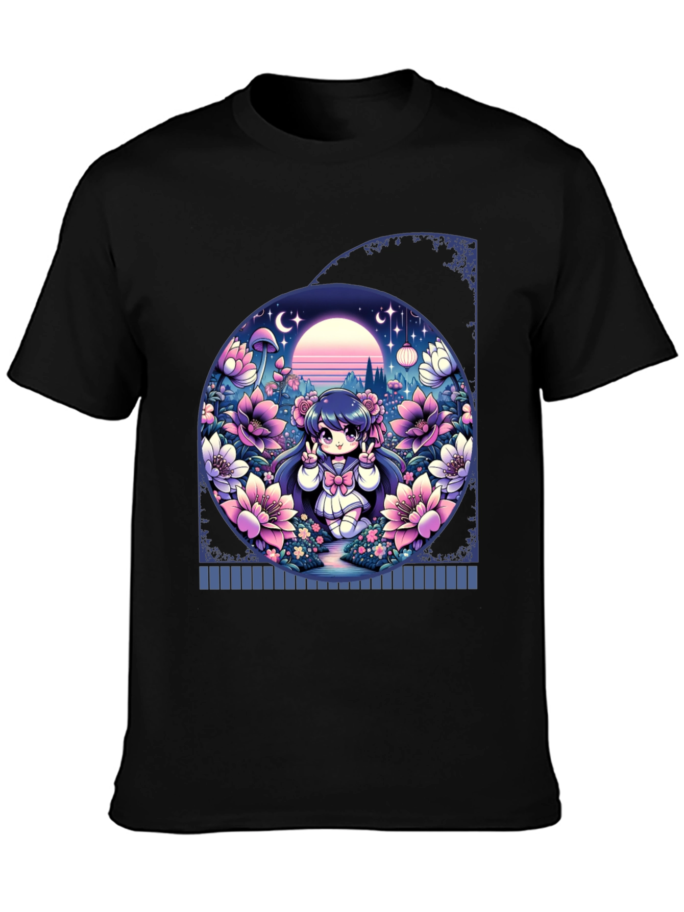 Anime Girl in Floral Garden T-Shirt