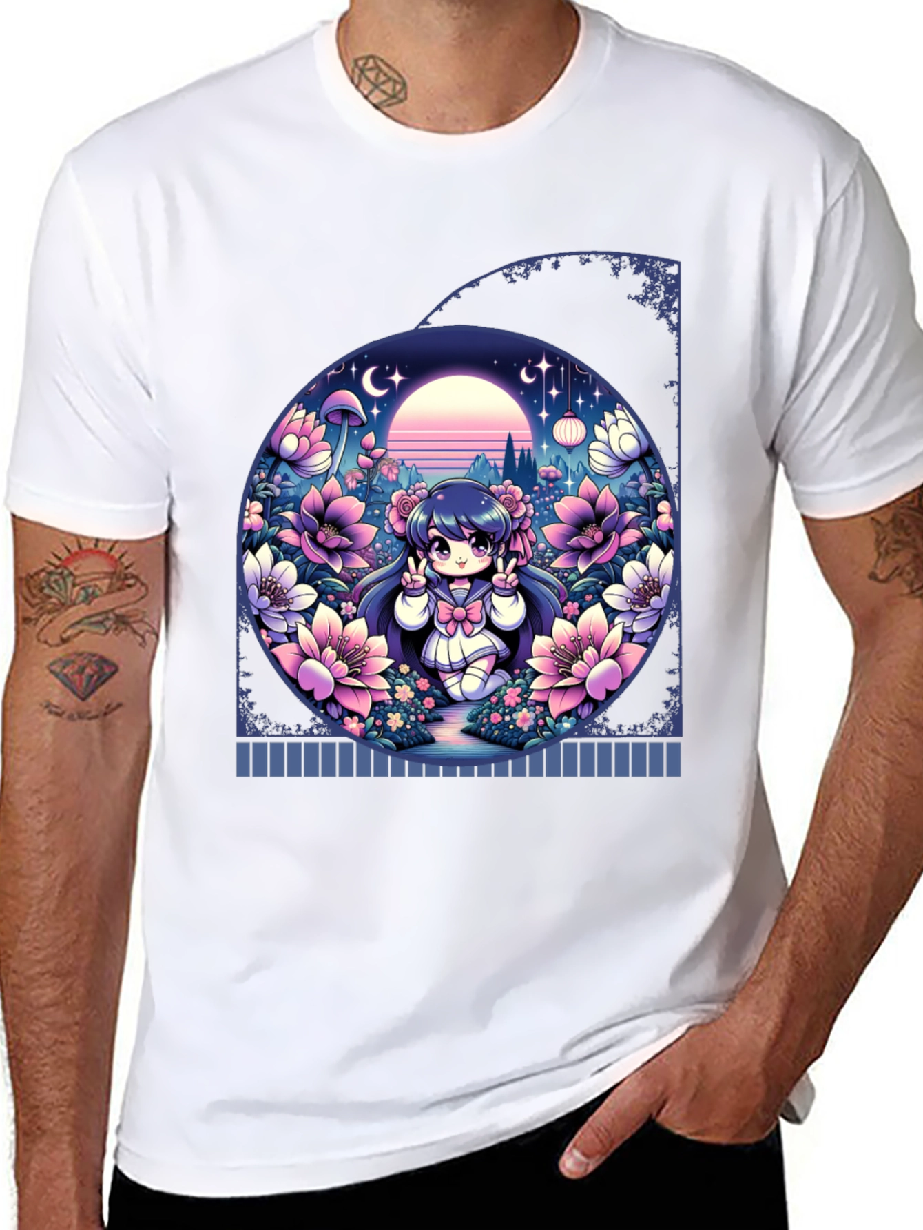 Anime Girl in Floral Garden T-Shirt