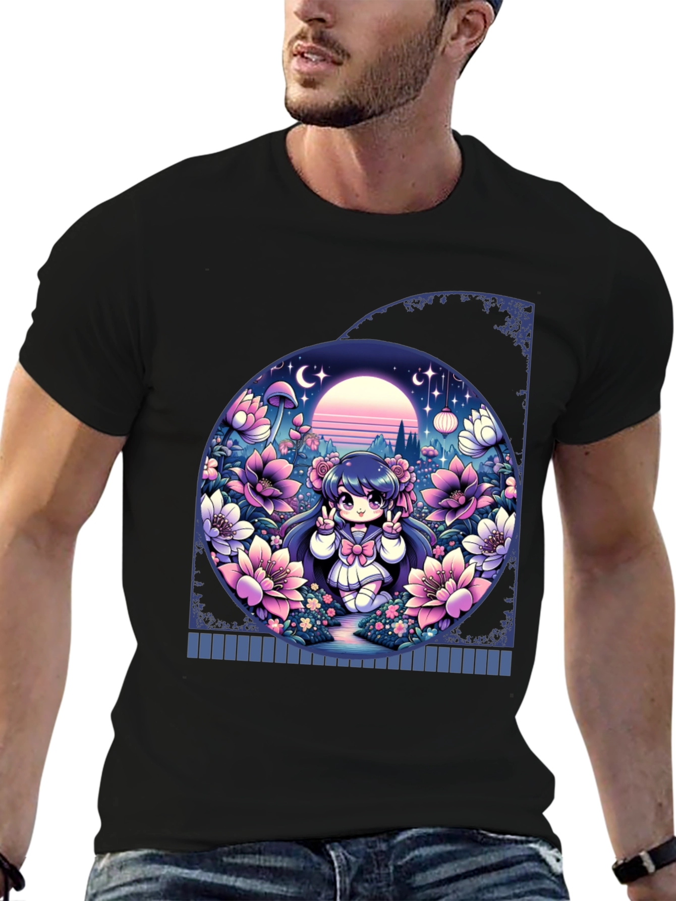 Anime Girl in Floral Garden T-Shirt