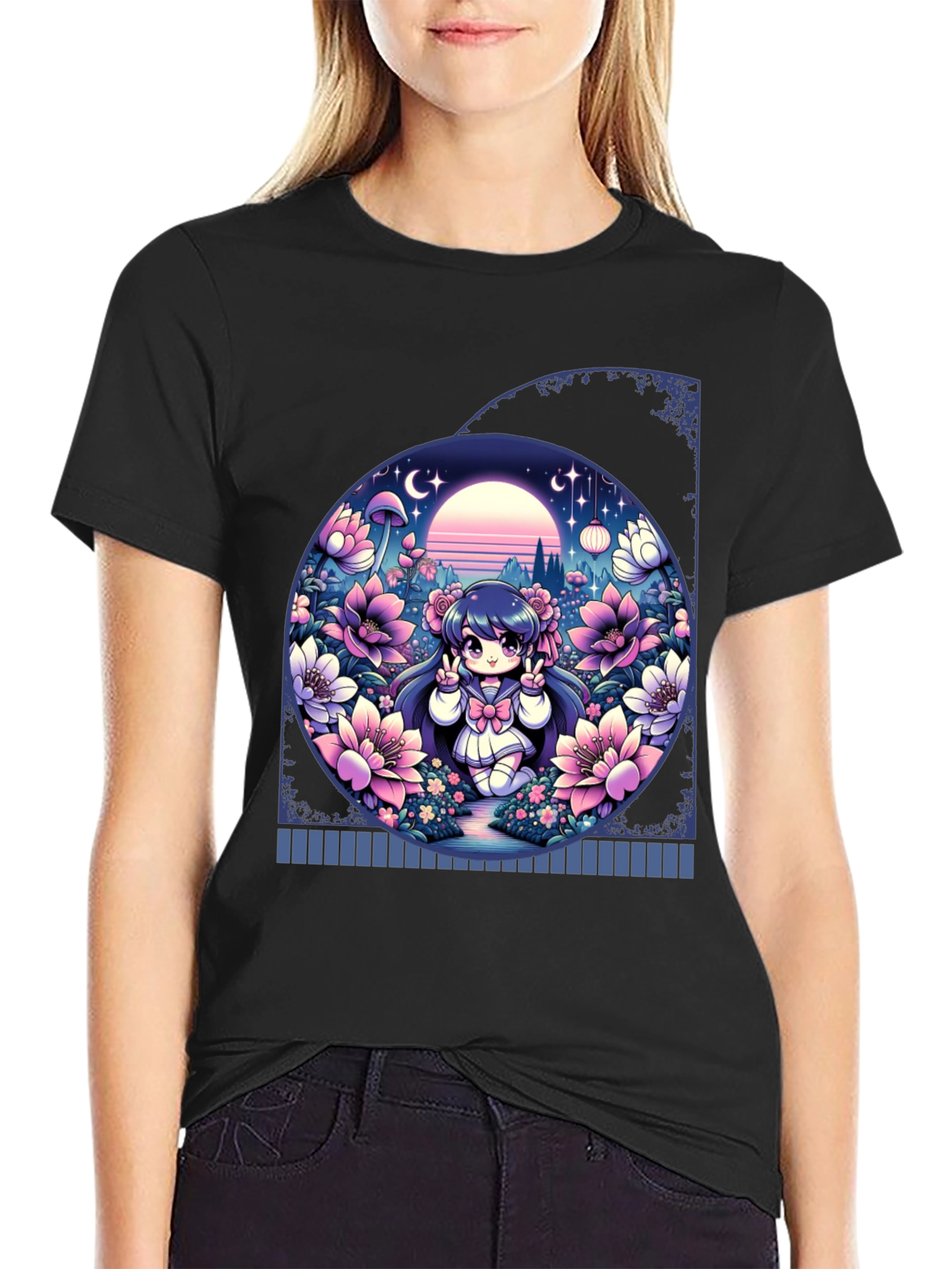 Anime Girl in Floral Garden T-Shirt
