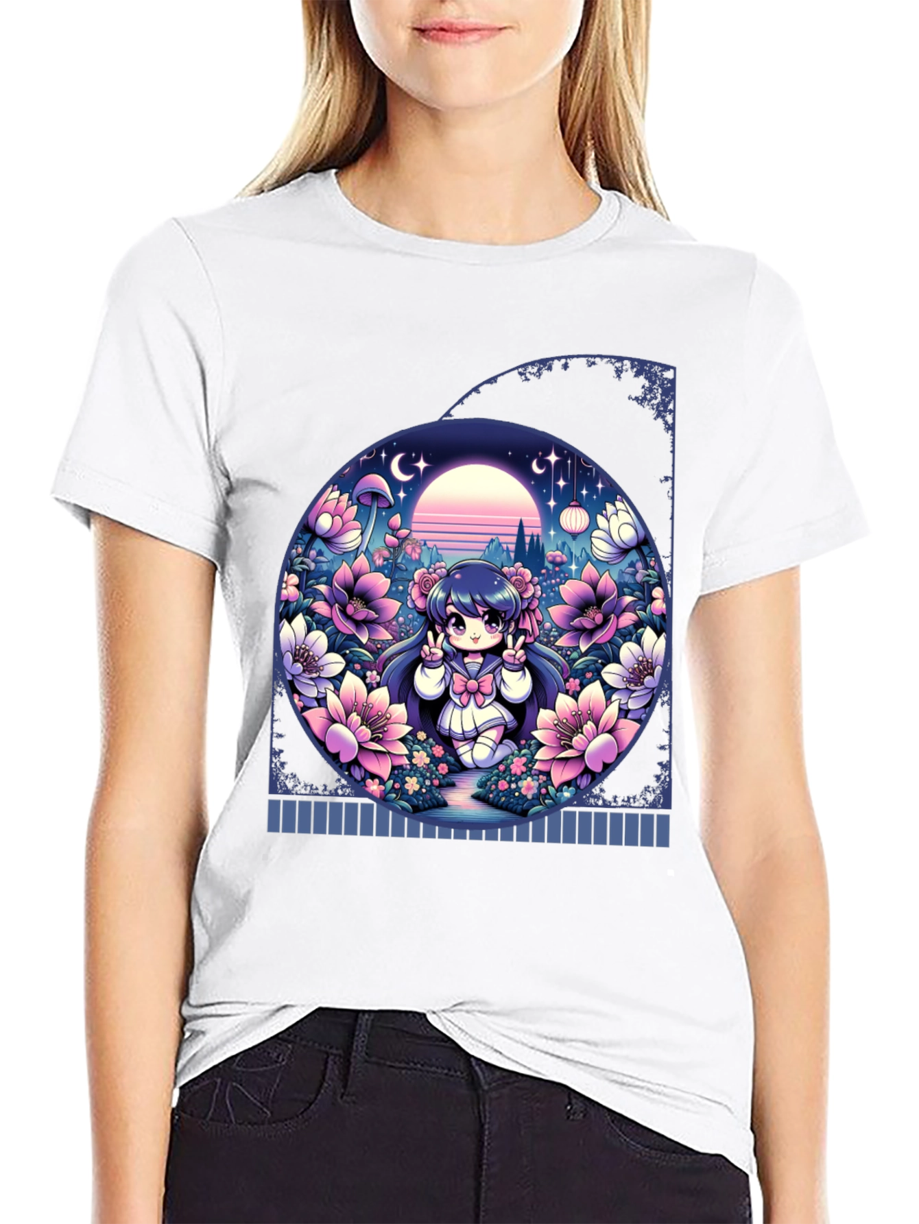 Anime Girl in Floral Garden T-Shirt