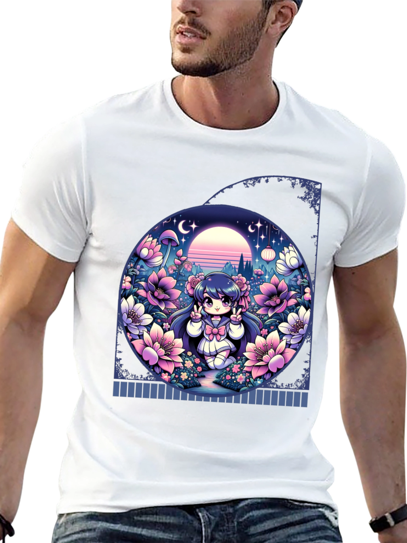 Anime Girl in Floral Garden T-Shirt