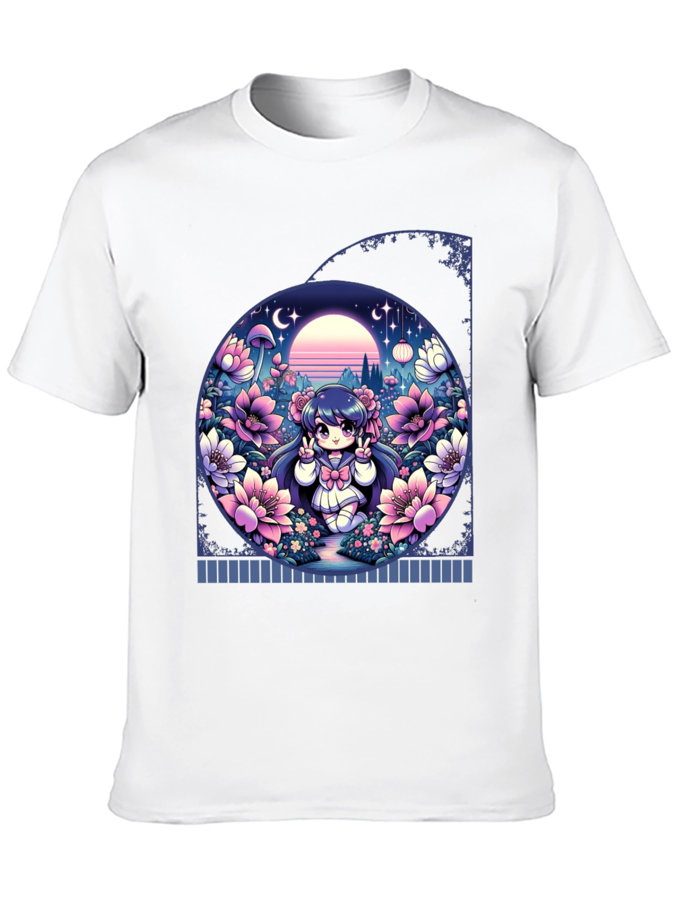 Anime Girl in Floral Garden T-Shirt