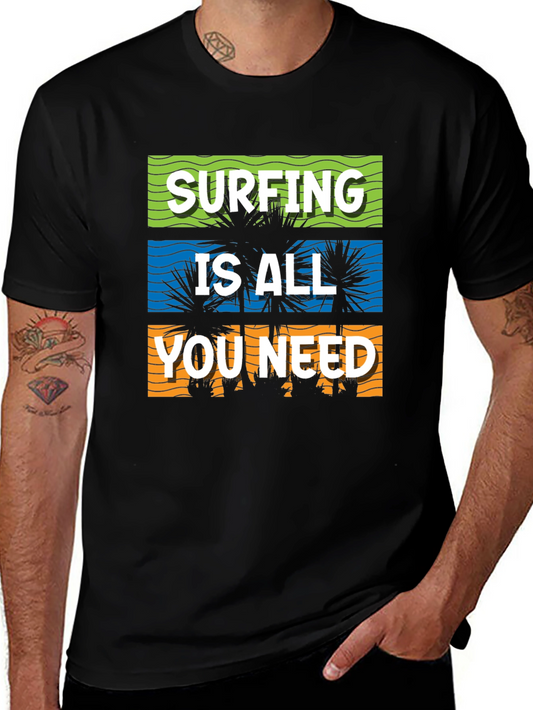 Surfing is All You Need Graphic Tee - Black Cotton T-Shirt