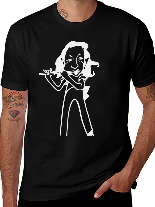 Flute Player Graphic Tee - Black Cotton T-Shirt