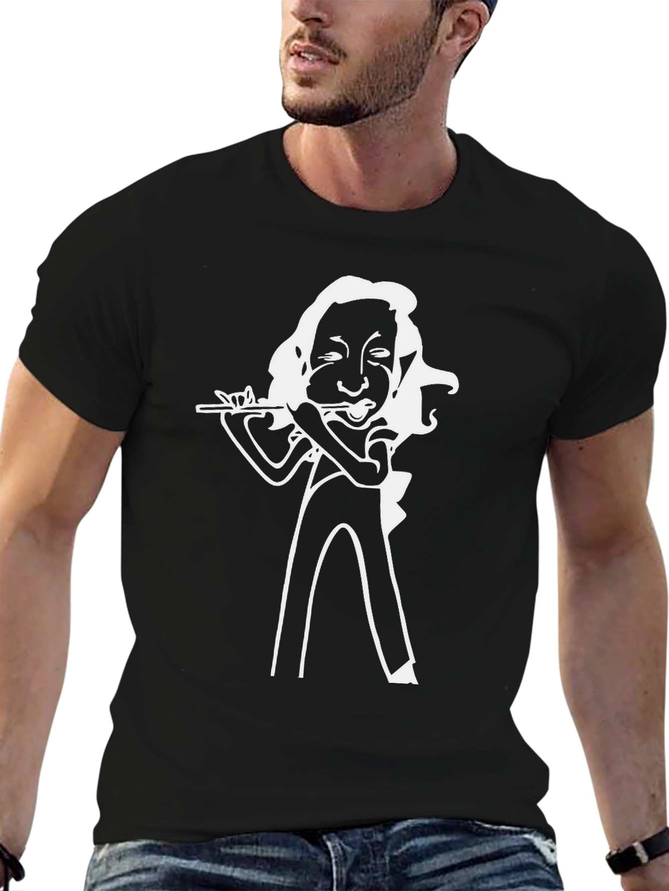 Flute Player Graphic Tee - Black Cotton T-Shirt