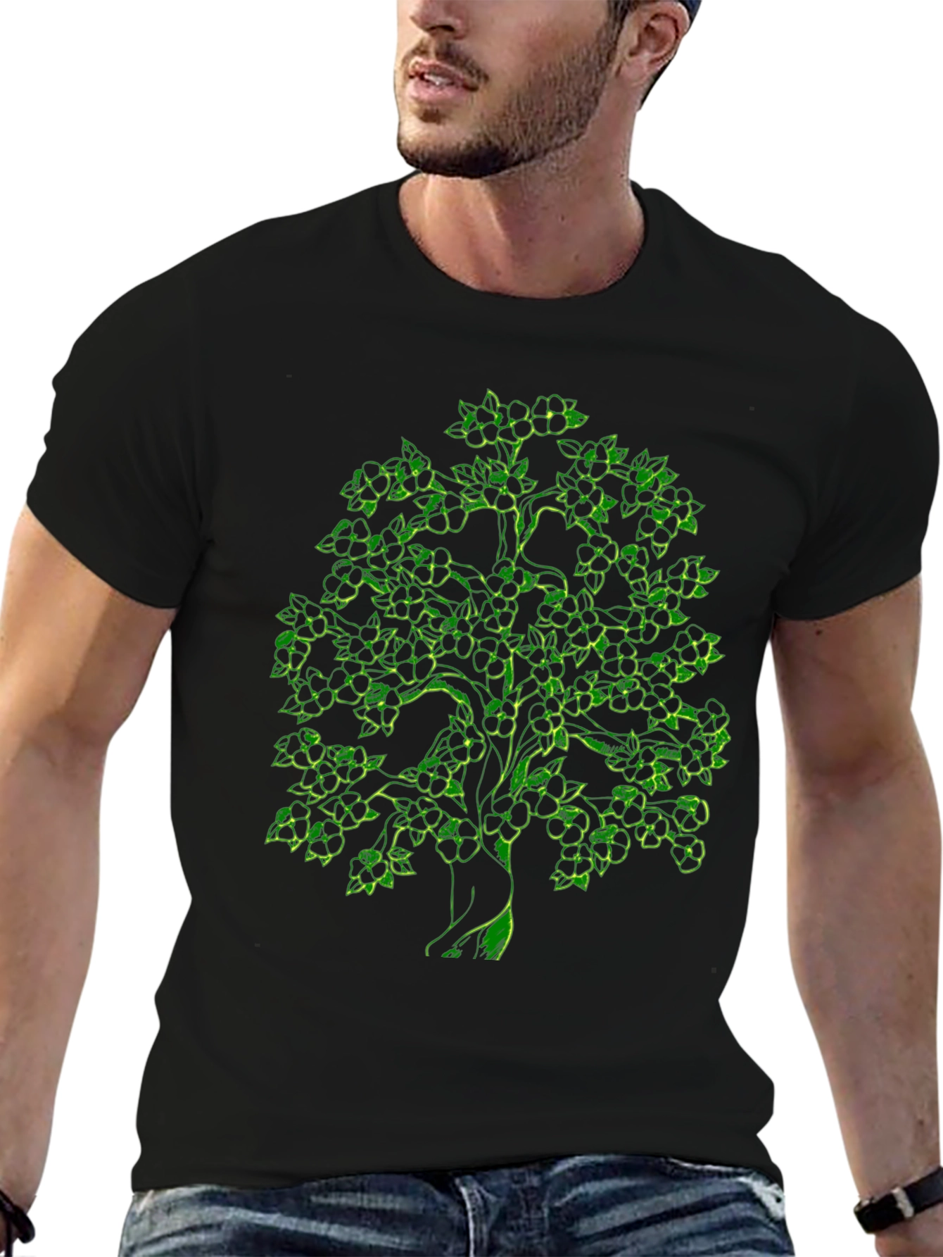 Green Tree Graphic Black T-Shirt