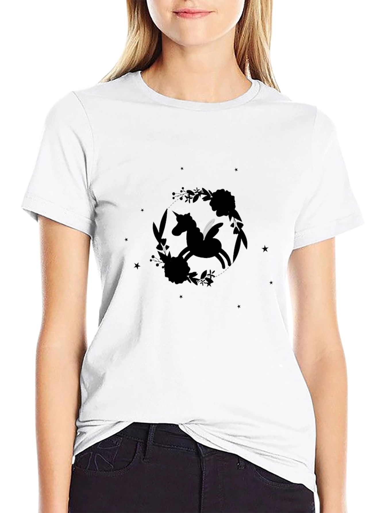 Unicorn Floral Graphic Black T-Shirt
