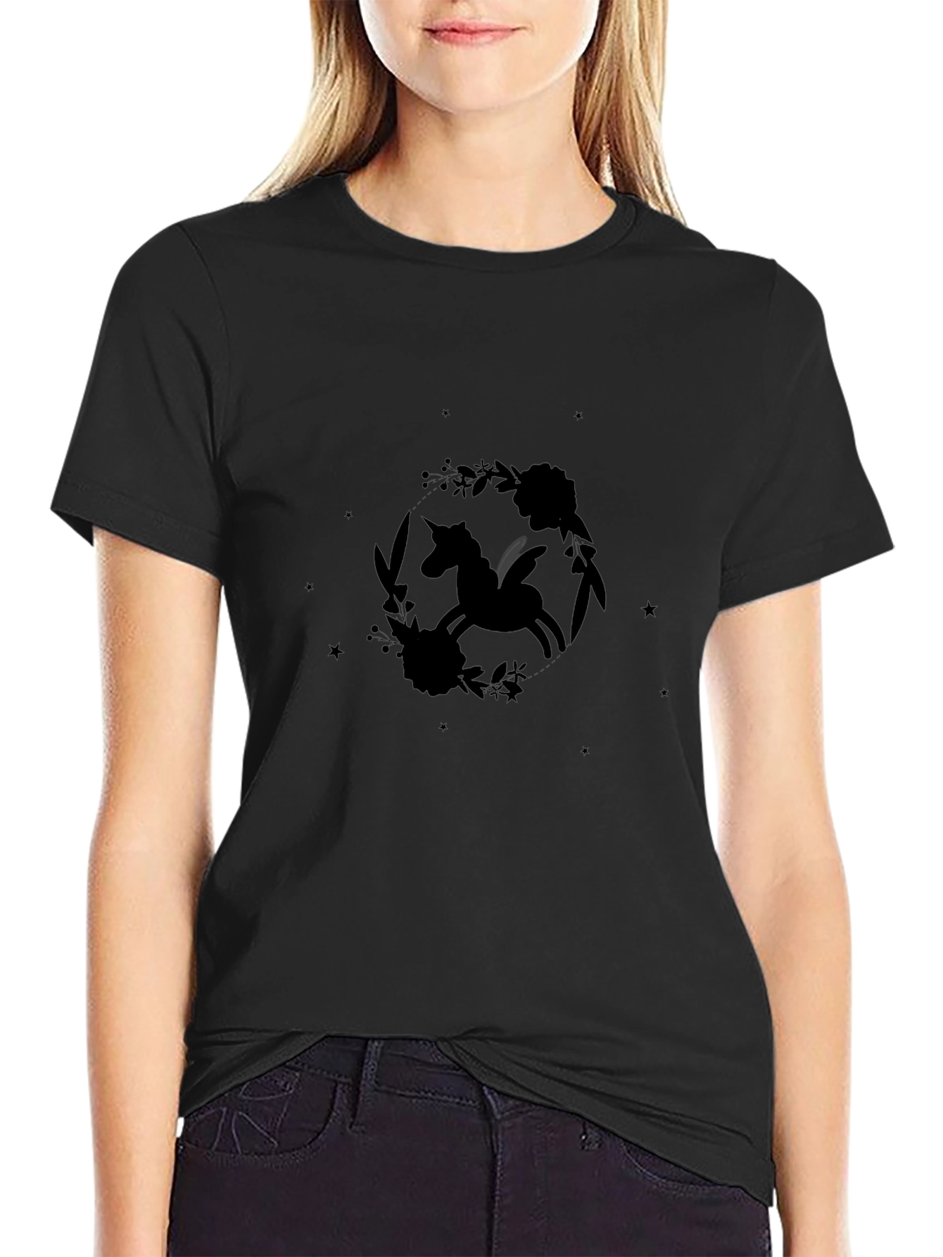 Unicorn Floral Graphic Black T-Shirt