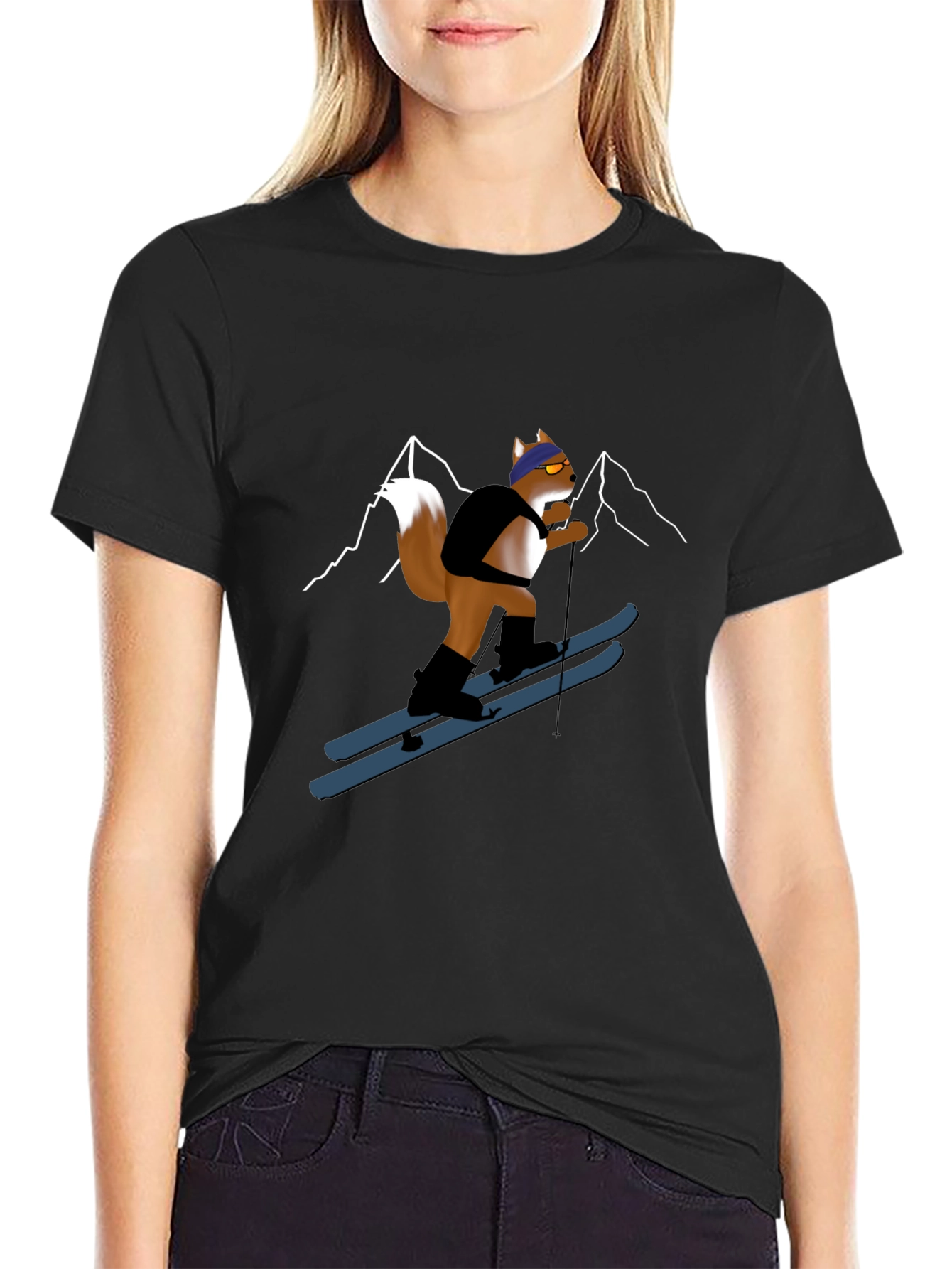 Skiing Squirrel Graphic Tee - Black
