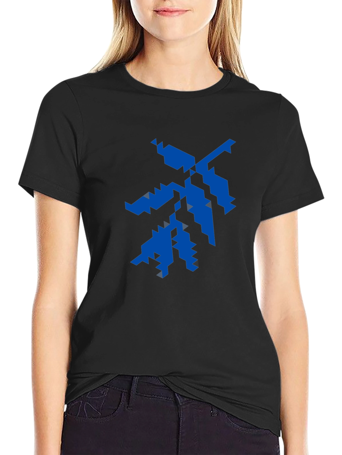Geometric Blue Graphic Print Black T-Shirt