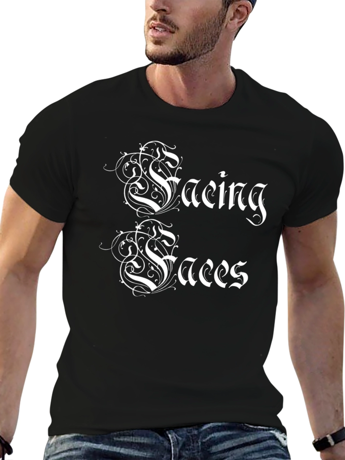 Facing Faces Black Graphic T-Shirt - Unique Design